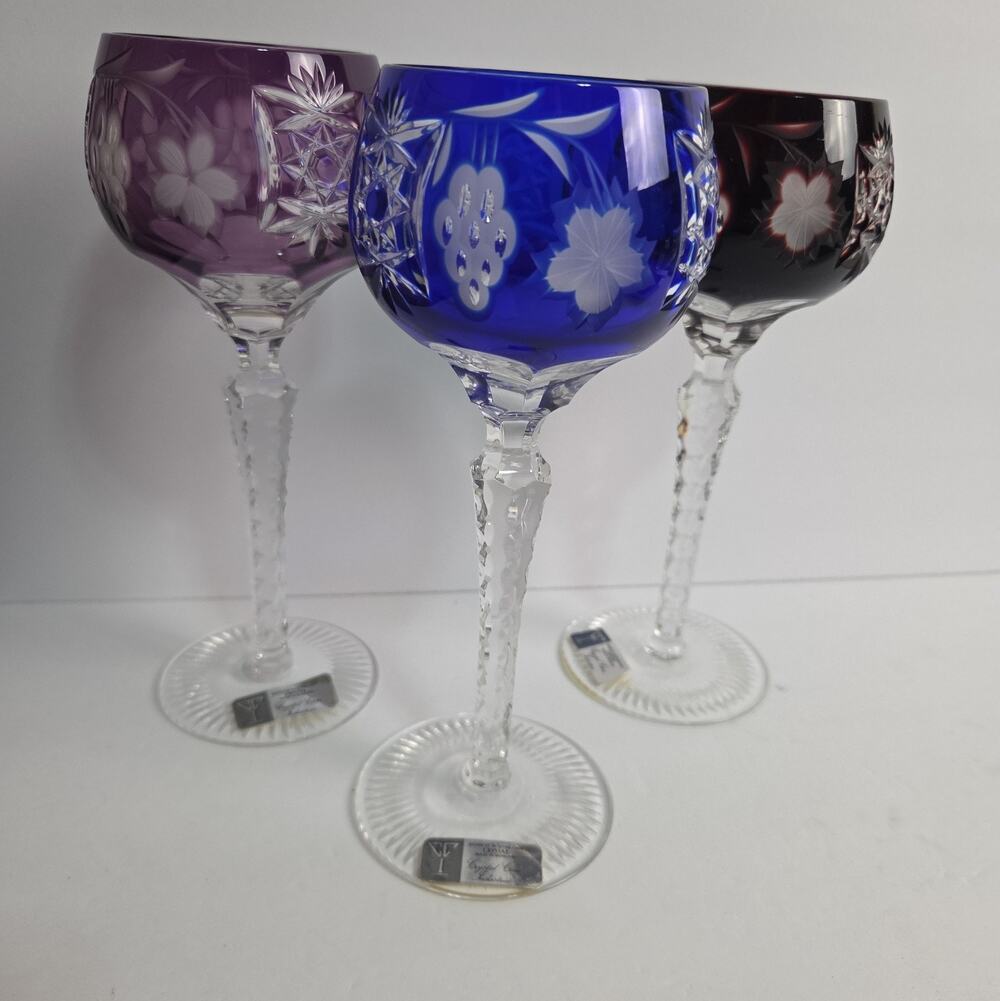 3 Ajka Marsala Cut To Clear Crystal Wine Hock Goblet Glasses Hungary